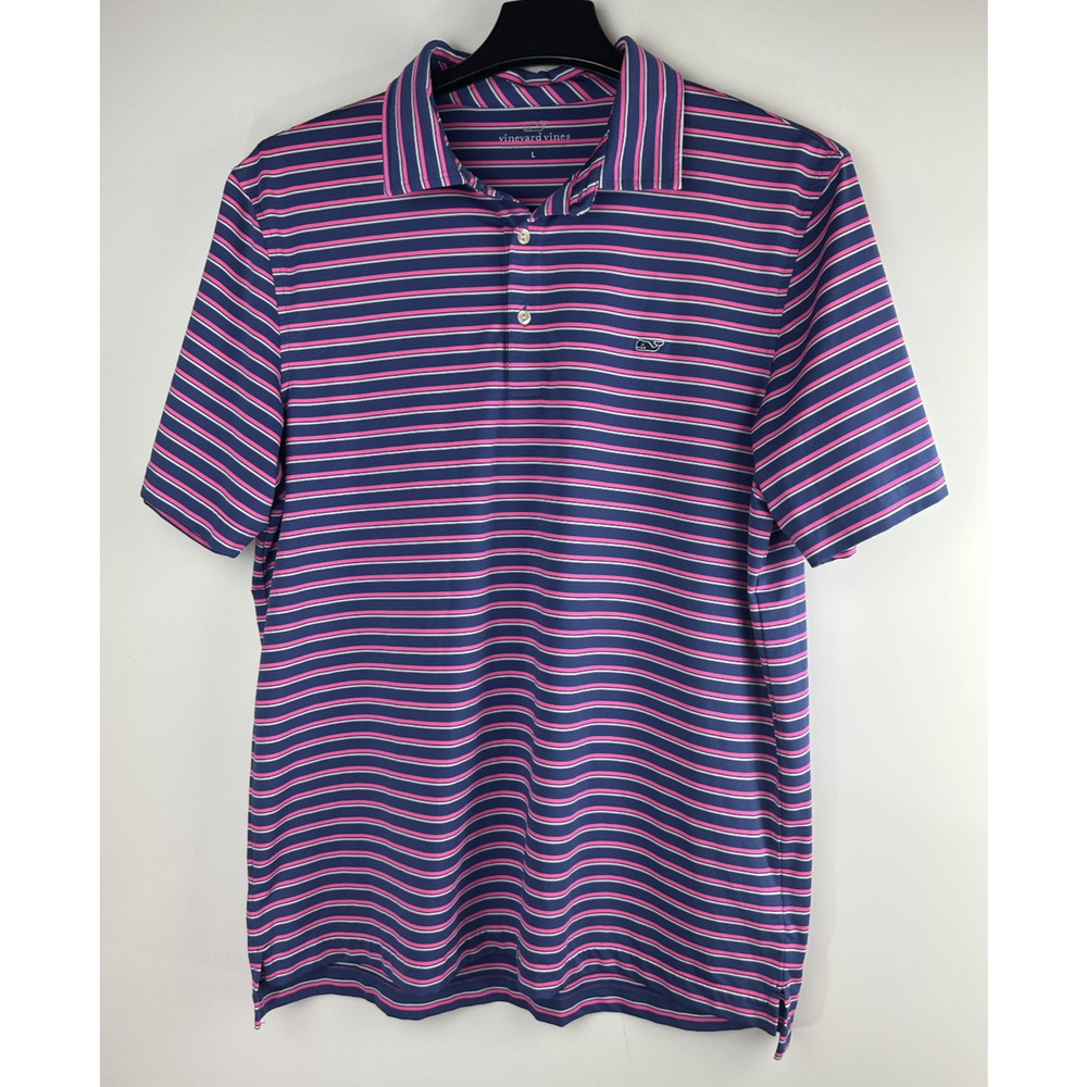Vineyard Vines Kennedy Stripe Sankaty Performance Polo Navy Pink Men's Large - Picture 2 of 10